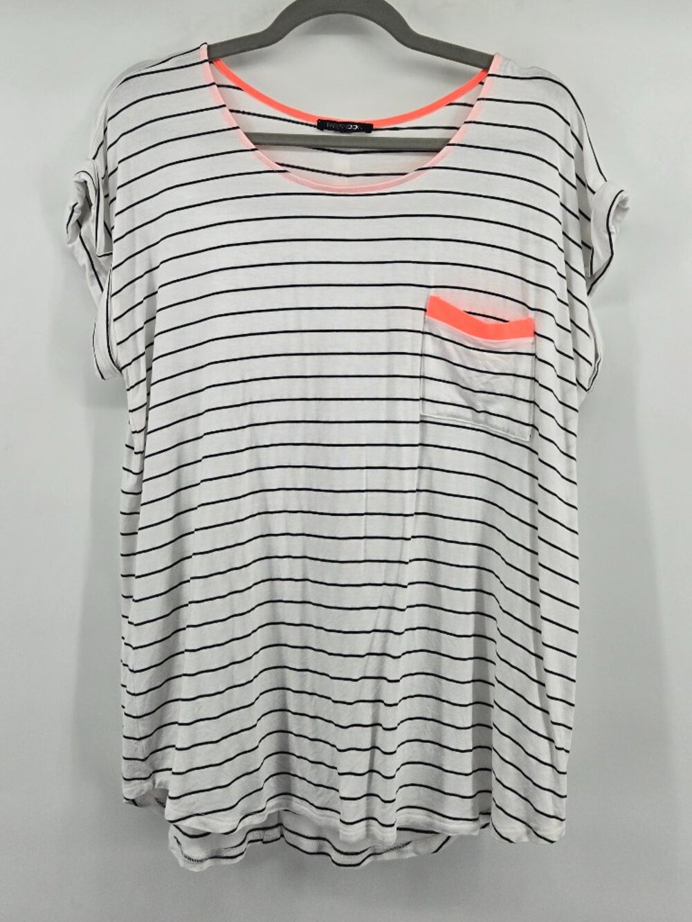 Papermoon Anica One Pocket Knit Top - XL White/Black/Neon Coral